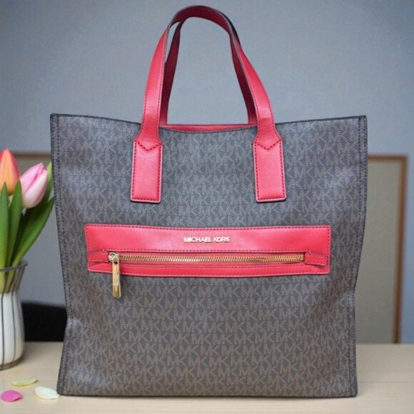 Michael Kors Kenly Brown Flame Red MK Signature Large Tote Shoulder Bag Purse - Picture 3 of 15